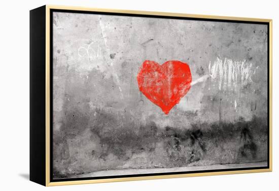 Red Heart Graffiti Over Grunge Cement Wall-Billyfoto-Framed Stretched Canvas