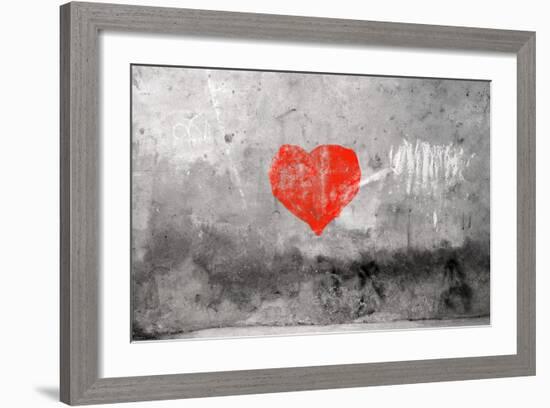 Red Heart Graffiti Over Grunge Cement Wall-Billyfoto-Framed Premium Giclee Print