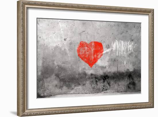 Red Heart Graffiti Over Grunge Cement Wall-Billyfoto-Framed Art Print