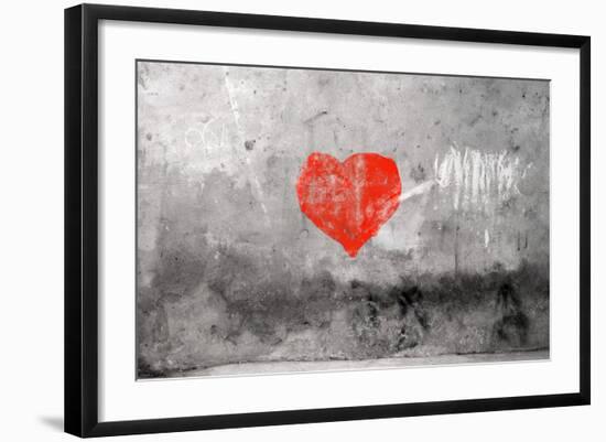 Red Heart Graffiti Over Grunge Cement Wall-Billyfoto-Framed Art Print