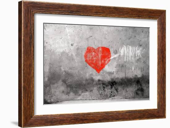 Red Heart Graffiti Over Grunge Cement Wall-Billyfoto-Framed Art Print