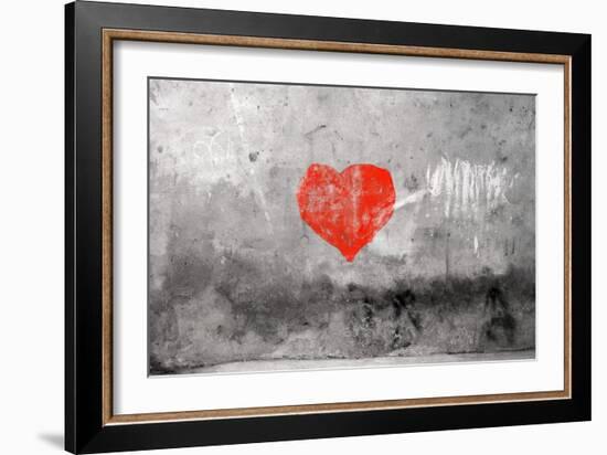 Red Heart Graffiti Over Grunge Cement Wall-Billyfoto-Framed Art Print