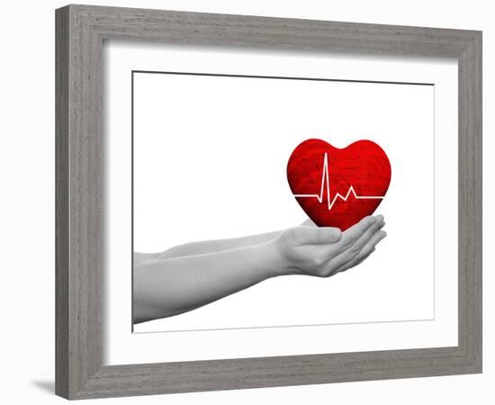 Red Human Heart Sign or Symbol with Pulse Held in Human Man or Woman Hands-bestdesign36-Framed Photographic Print