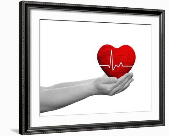 Red Human Heart Sign or Symbol with Pulse Held in Human Man or Woman Hands-bestdesign36-Framed Photographic Print