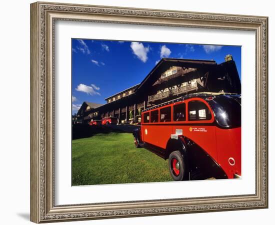 Red Jammer Buses Parked in Front of Glacier Park Lodge in East Glacier, Montana, USA-Chuck Haney-Framed Photographic Print