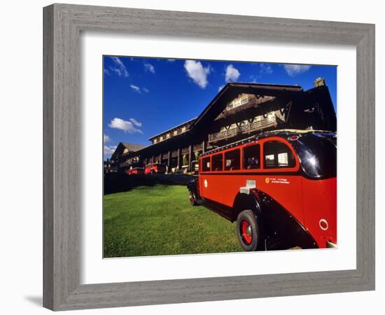 Red Jammer Buses Parked in Front of Glacier Park Lodge in East Glacier, Montana, USA-Chuck Haney-Framed Photographic Print