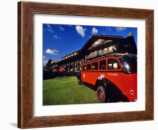 Red Jammer Buses Parked in Front of Glacier Park Lodge in East Glacier, Montana, USA-Chuck Haney-Framed Photographic Print