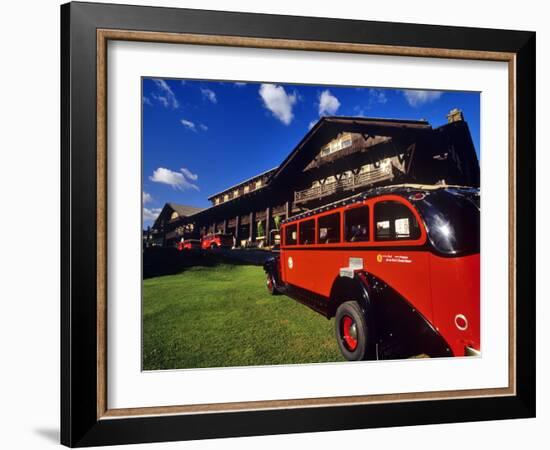 Red Jammer Buses Parked in Front of Glacier Park Lodge in East Glacier, Montana, USA-Chuck Haney-Framed Photographic Print