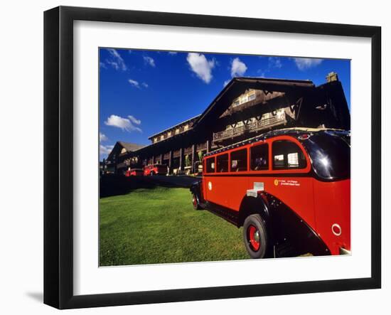 Red Jammer Buses Parked in Front of Glacier Park Lodge in East Glacier, Montana, USA-Chuck Haney-Framed Photographic Print