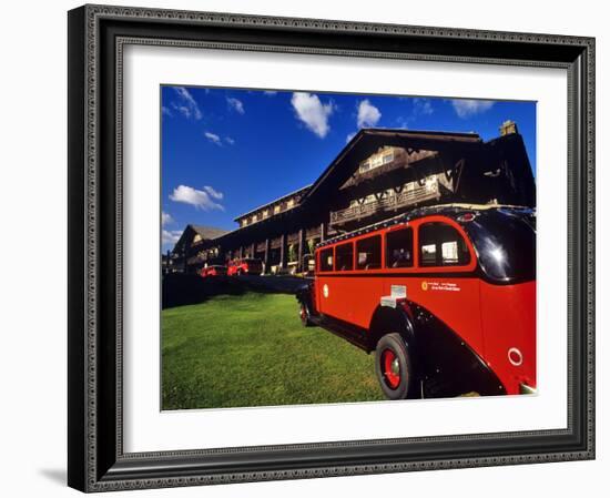 Red Jammer Buses Parked in Front of Glacier Park Lodge in East Glacier, Montana, USA-Chuck Haney-Framed Photographic Print
