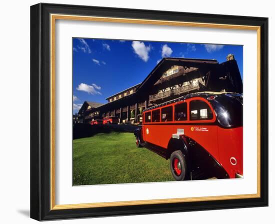 Red Jammer Buses Parked in Front of Glacier Park Lodge in East Glacier, Montana, USA-Chuck Haney-Framed Photographic Print