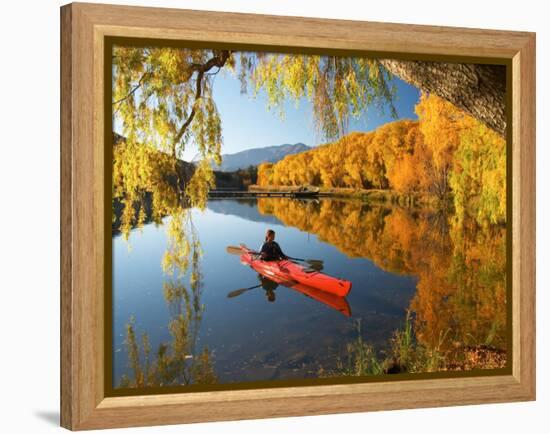 Red Kayak and Autumn Colours, Lake Benmore, South Island, New Zealand-David Wall-Framed Premier Image Canvas