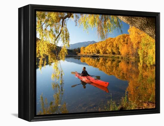 Red Kayak and Autumn Colours, Lake Benmore, South Island, New Zealand-David Wall-Framed Premier Image Canvas