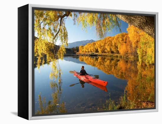 Red Kayak and Autumn Colours, Lake Benmore, South Island, New Zealand-David Wall-Framed Premier Image Canvas