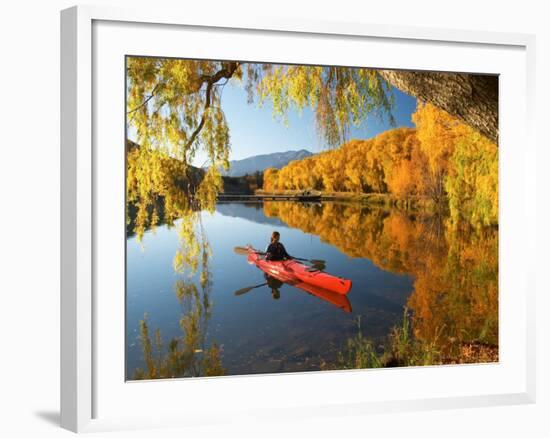 Red Kayak and Autumn Colours, Lake Benmore, South Island, New Zealand-David Wall-Framed Photographic Print