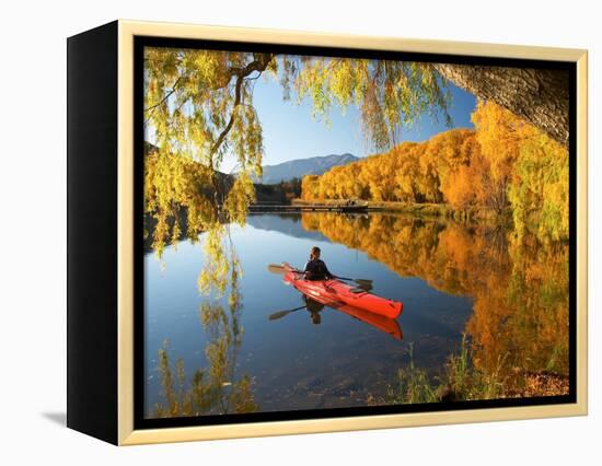 Red Kayak and Autumn Colours, Lake Benmore, South Island, New Zealand-David Wall-Framed Premier Image Canvas