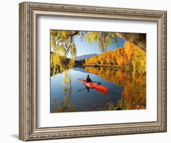 Red Kayak and Autumn Colours, Lake Benmore, South Island, New Zealand-David Wall-Framed Photographic Print