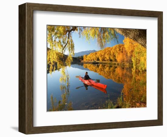 Red Kayak and Autumn Colours, Lake Benmore, South Island, New Zealand-David Wall-Framed Photographic Print