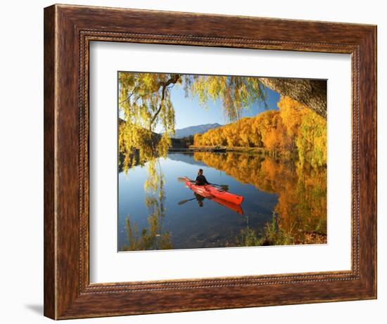 Red Kayak and Autumn Colours, Lake Benmore, South Island, New Zealand-David Wall-Framed Photographic Print