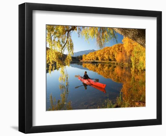 Red Kayak and Autumn Colours, Lake Benmore, South Island, New Zealand-David Wall-Framed Photographic Print