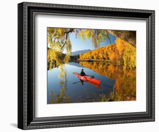 Red Kayak and Autumn Colours, Lake Benmore, South Island, New Zealand-David Wall-Framed Photographic Print