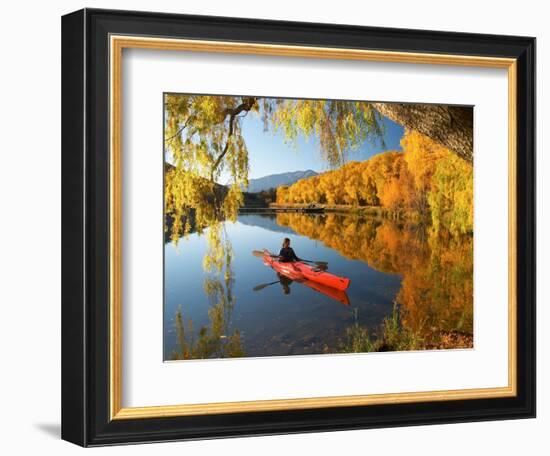 Red Kayak and Autumn Colours, Lake Benmore, South Island, New Zealand-David Wall-Framed Photographic Print