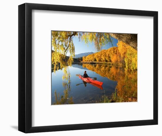 Red Kayak and Autumn Colours, Lake Benmore, South Island, New Zealand-David Wall-Framed Photographic Print