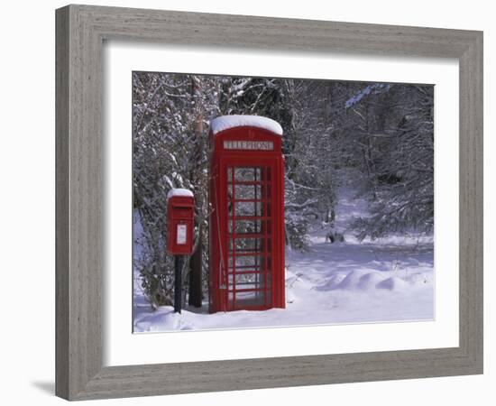 Red Letterbox and Telephone Box in the Snow, Highlands, Scotland, UK, Europe-David Tipling-Framed Photographic Print