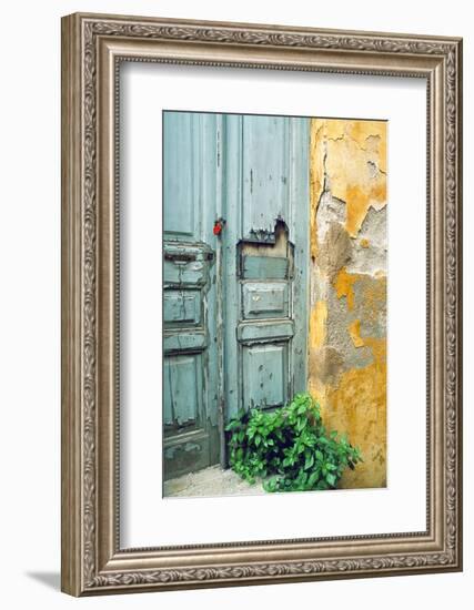 Red lock on a weathered blue door.-Tom Haseltine-Framed Photographic Print