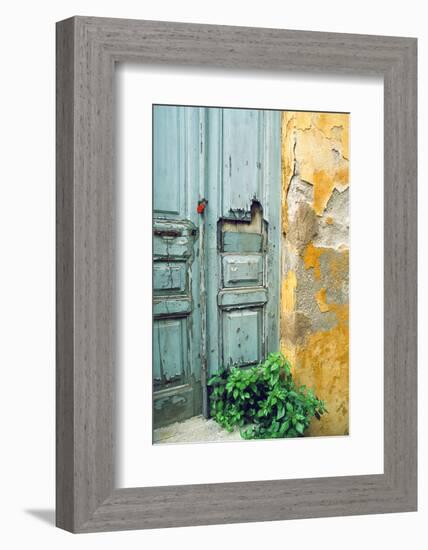 Red lock on a weathered blue door.-Tom Haseltine-Framed Photographic Print