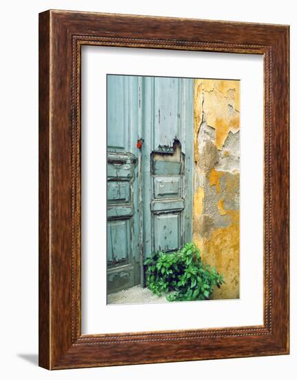 Red lock on a weathered blue door.-Tom Haseltine-Framed Photographic Print