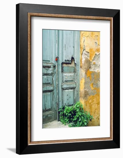 Red lock on a weathered blue door.-Tom Haseltine-Framed Photographic Print