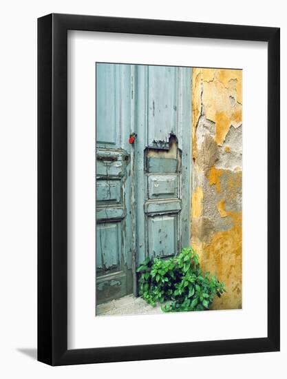 Red lock on a weathered blue door.-Tom Haseltine-Framed Photographic Print