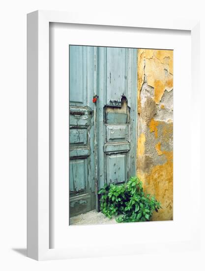 Red lock on a weathered blue door.-Tom Haseltine-Framed Photographic Print