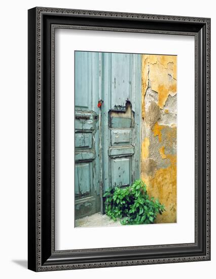 Red lock on a weathered blue door.-Tom Haseltine-Framed Photographic Print