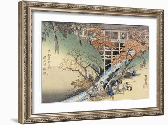 Red Maple Leaves at Tsuten Bridge from the Series "Famous Places of Kyoto"-Ando Hiroshige-Framed Giclee Print