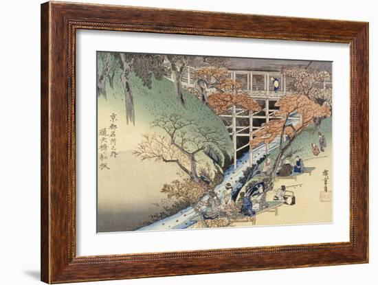 Red Maple Leaves at Tsuten Bridge from the Series "Famous Places of Kyoto"-Ando Hiroshige-Framed Giclee Print
