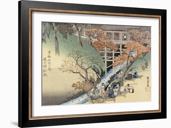 Red Maple Leaves at Tsuten Bridge from the Series "Famous Places of Kyoto"-Ando Hiroshige-Framed Giclee Print