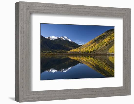 Red Mountain and autumn aspen trees reflected on Crystal Lake, Ouray, Colorado-Adam Jones-Framed Photographic Print