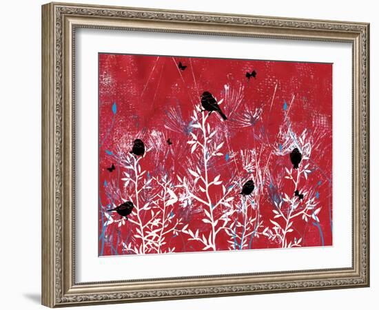 Red Painted Texture background with White Floral and Black Birds and Butterflies-Bee Sturgis-Framed Art Print