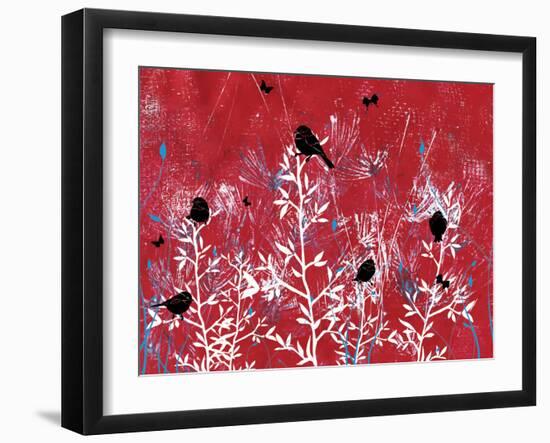 Red Painted Texture background with White Floral and Black Birds and Butterflies-Bee Sturgis-Framed Art Print