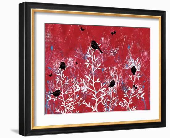 Red Painted Texture background with White Floral and Black Birds and Butterflies-Bee Sturgis-Framed Art Print