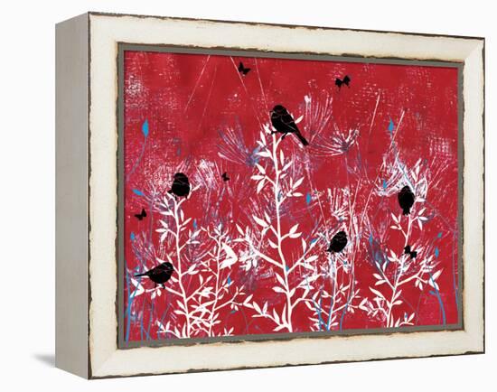 Red Painted Texture background with White Floral and Black Birds and Butterflies-Bee Sturgis-Framed Stretched Canvas