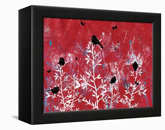 Red Painted Texture background with White Floral and Black Birds and Butterflies-Bee Sturgis-Framed Stretched Canvas