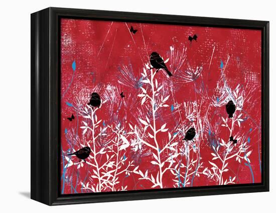 Red Painted Texture background with White Floral and Black Birds and Butterflies-Bee Sturgis-Framed Stretched Canvas