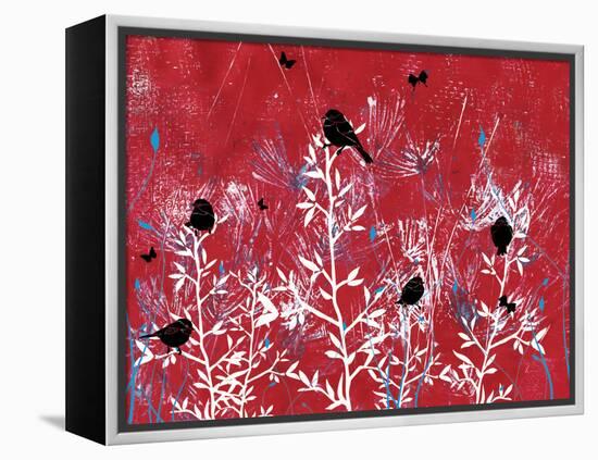 Red Painted Texture background with White Floral and Black Birds and Butterflies-Bee Sturgis-Framed Stretched Canvas