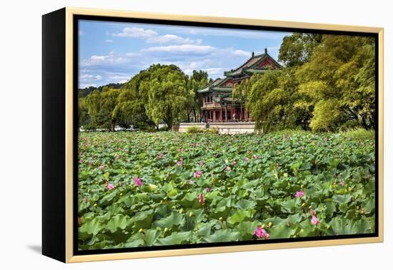 Red Pavilion Lotus Pads Garden Summer Palace Park, Beijing, China Willow Green Trees-William Perry-Framed Premier Image Canvas