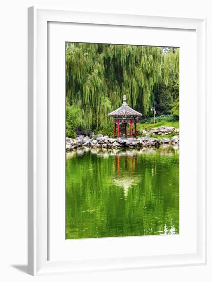 Red Pavilion Lotus Pads Garden Temple of Sun City Park, Beijing, China Willow Green Trees-William Perry-Framed Photographic Print