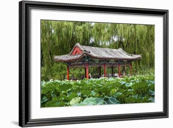 Red Pavilion Lotus Pads Garden Temple of Sun City Park, Beijing, China Willow Green Trees-William Perry-Framed Photographic Print