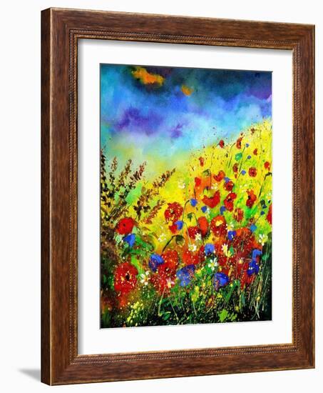 Red Poppies and Bluebells-Pol Ledent-Framed Art Print